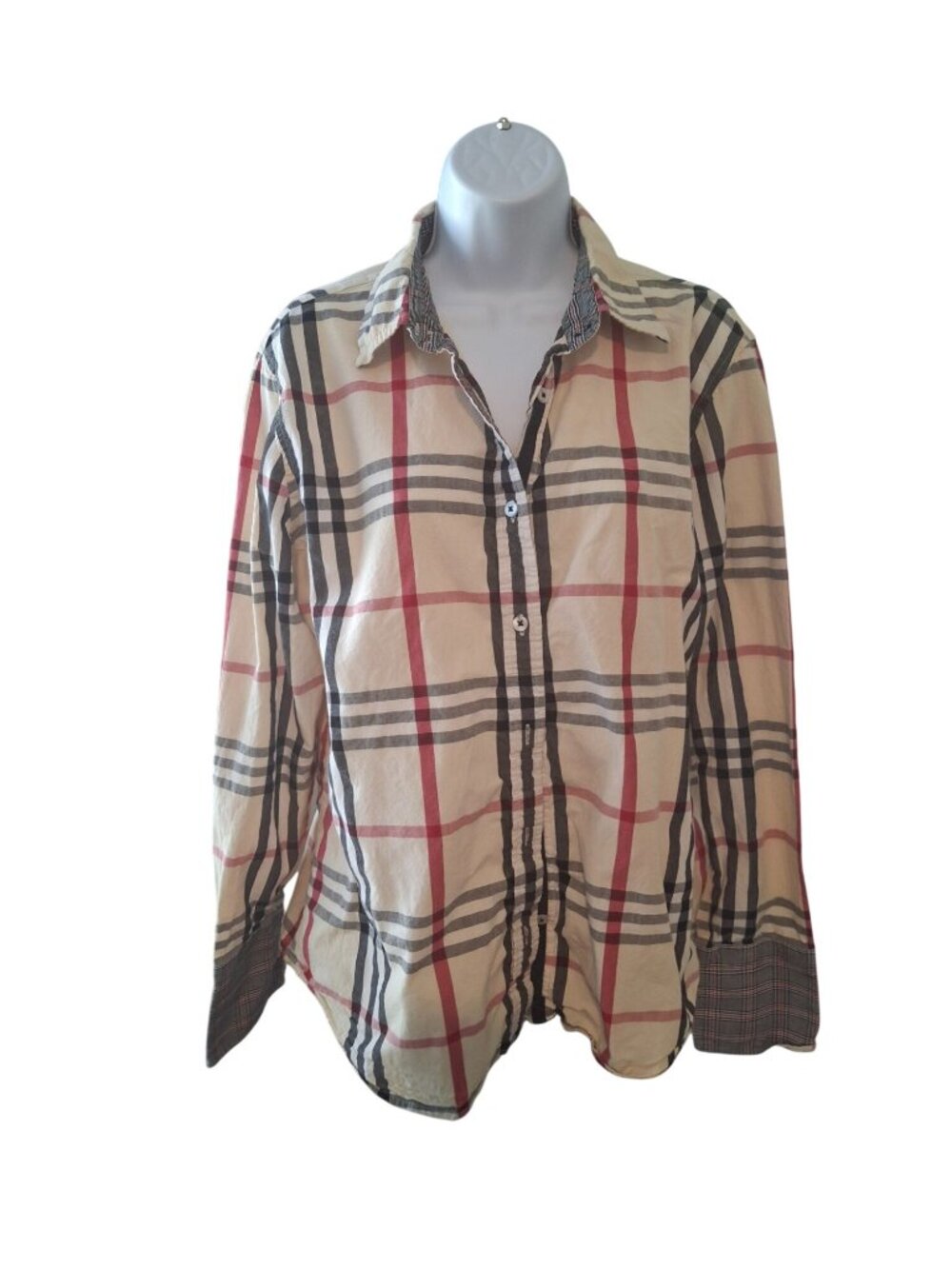 Tizzie Tunic Buttondown Shirt XL Plaid Beige Red Black Cottagecore Oversized
